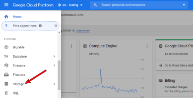 Google Cloud platform interface with an arrow pointing to the Storage option in the left-side menu.